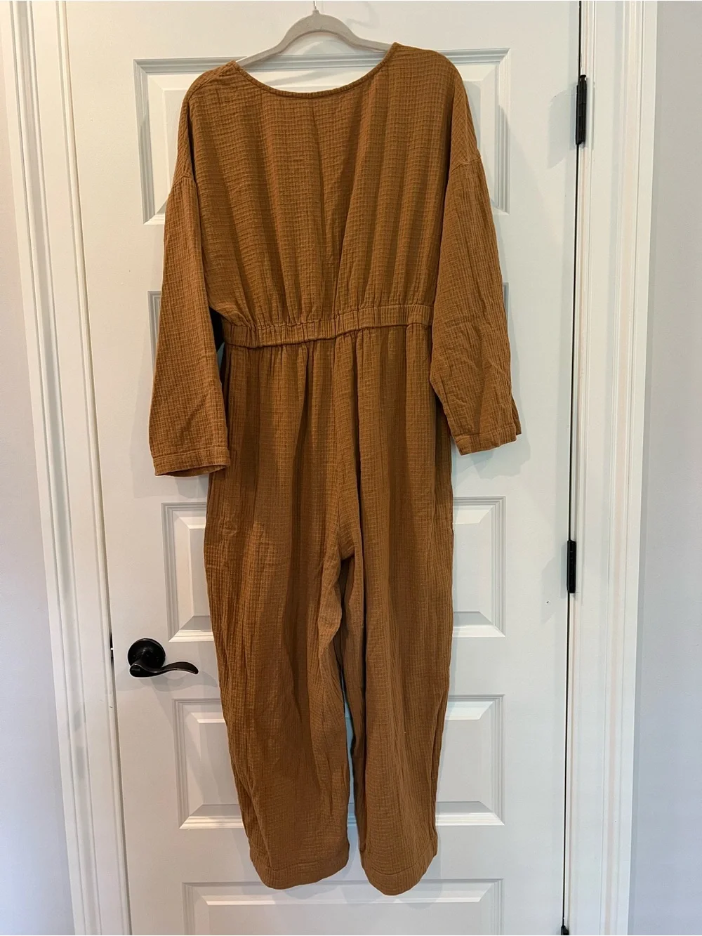 Free People Gauze Cotton Jumpsuit Large Camel Brown Oversized Boho Patch Pockets